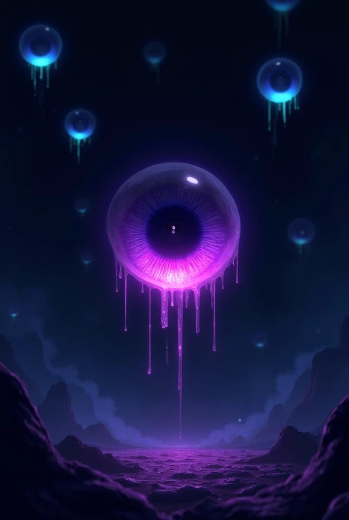 Pure darkness ,  a purple and flashing eye in the middle of the room,  on the sides other flashing eyes , one blue and the other green in 2D