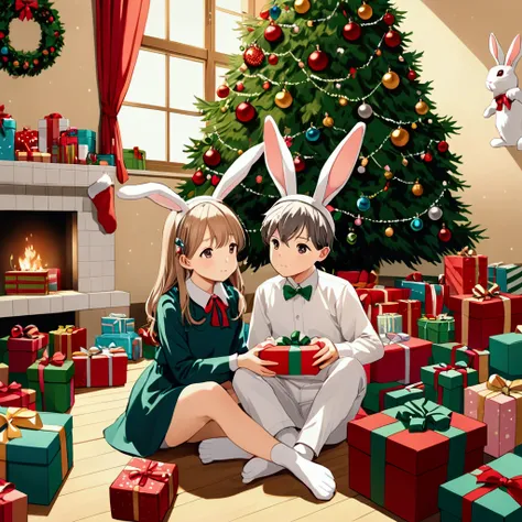 a boy bunny and a girl bunny sitting on the floor surrounded by many gifts, christmas tree