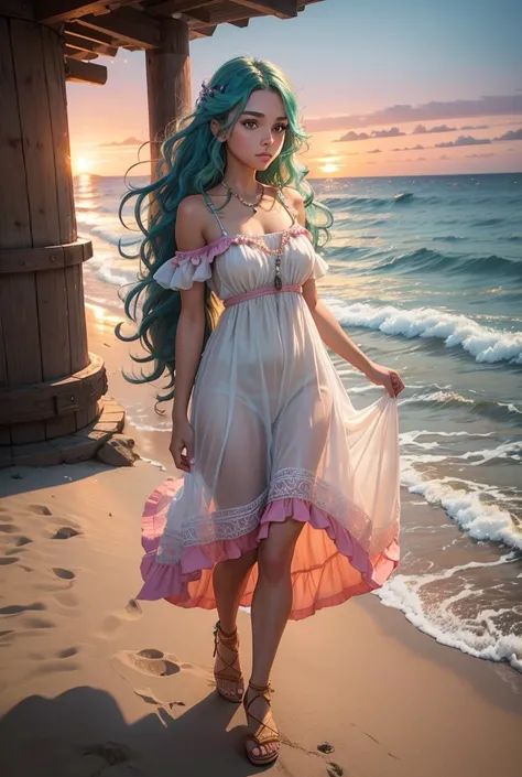  Character description
- Paul : Female
-Age: 25 years old
- Appearance :  She has long wavy aqua hair ,  bright green eyes ,  light skin with a light tan .
- Cloth:  She is wearing a lightweight sheer boho dress,  decorated with seashells and pearls .
 - F...