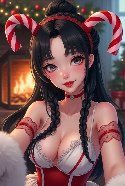  A woman with long black hair and in the Embedded Braid hairstyle style,  bright gray eyes ,  lips painted red wearing white and red dress ,  inspired by a sugar cane , with diagonal stripes .  Lace sleeves and a headband shaped like a candy cane .  white ...