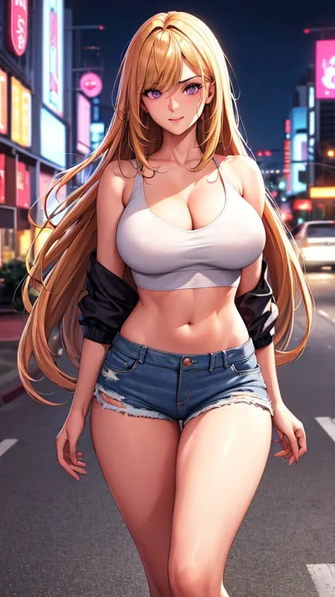 Beautiful, looking at viewer, show whole body, (wearing white tank top), ((prostitute)), cleavage, midriff, (wearing cutoff denim shorts), city background, blonde hair, very long hair, Bangs,purple eyes, 1 girl, 20yo,Young female,Beautiful Finger,Beautiful...