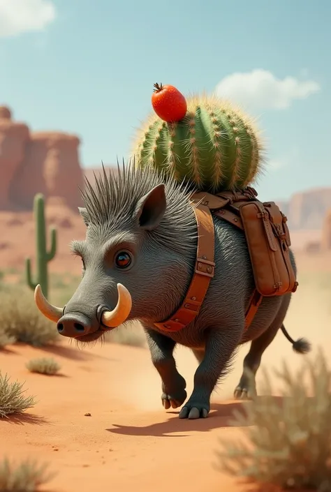 porcupine  (A spiky porcupine disguised as a cactus with red fruit on its head.)is chasing Warthog (A warthog with sharp tusks and coarse bristles, carrying a bulky leather pack loaded with gear, ready for desert adventures.)from behind  in the desert 