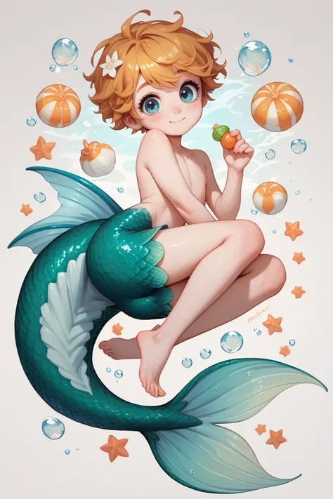 1 little merman boy, cute, short golden hair. big eyes. white skin. full-body art, merman tail instead of legs