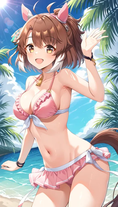 Solo , dantsu_flame(umamusume) , (pink ear covers),hair accessory,(hair band),brown eye,brown hair, short ponytail ,medium breasts ,horse ear,horse tail,tropical trees, summer beach, blue sky, oasis, lens effect, cloud, comfortable,smile,pink frill Bikini,...