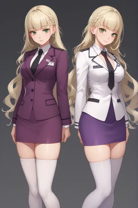 emilia edelman, blonde hair, very long hair, wavy hair, low twintails, sidelocks, blunt bangs, topknot, hair ornaments, green eyes, suit, military uniform, white shirt, collared shirt, purple jacket, name tag, black necktie, purple skirt, pencil skirt, whi...