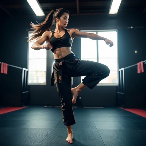 a karate master performing dynamic kicks and poses,1girl,detailed muscular body,strong determined expression,ultra detailed facial features,dynamic action pose,high contrast lighting, cinematic composition, dramatic bokeh background, vibrant colors, digita...