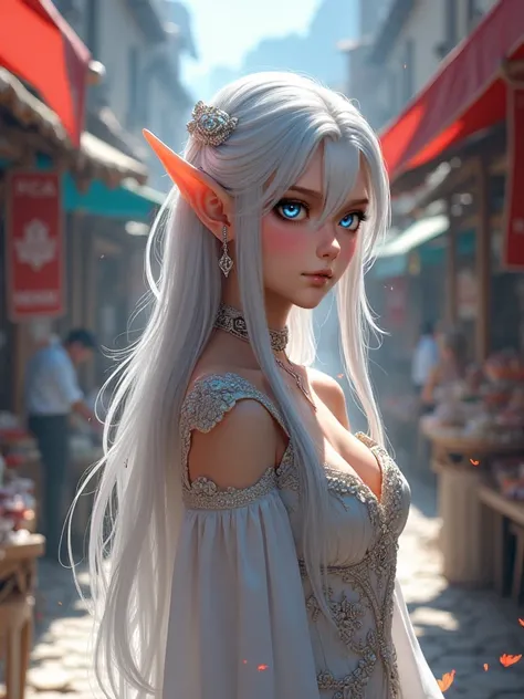  silvery haired elf with shining blue eyes　Hair is long like flowing in the wind 　 beautiful women　 Medieval Europe at the Market　 Isekai Fantasy　anime　3d