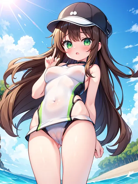  One Girl ,Brown Hair, sun visor, very big breasts,Black and competitive swimsuit ,Thighs, view from below,(Put your finger on your pussy ), green eyes, blush, masturbation,, open the mouth small,Excited, rough breathing