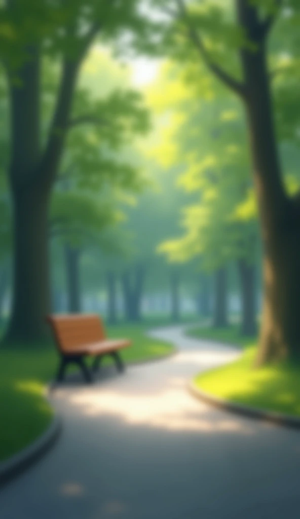 A park with a blurry path and bench. 