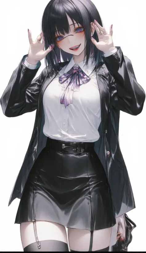  1 mature beautiful woman ,(masterpiece:1.3, top quality :1.3, very detailed depiction:1.3, incredible high resolution:1.3,High quality anime drawings),( office lady with straight black hair,An excellent female secretary,Villainess,Glasses),( business suit...