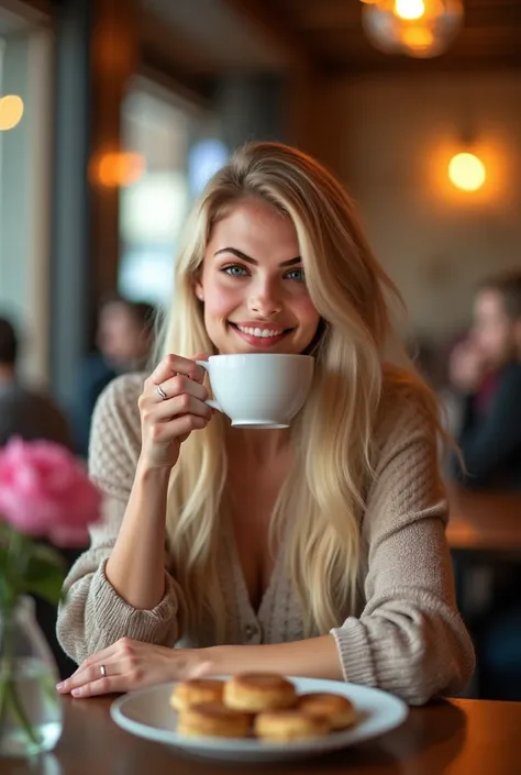 A beautiful blonde woman with long hair is sitting in a cozy restaurant. She is smiling warmly while sipping coffee from a delicate cup. The table in front of her has a small vase with flowers and a plate of pastries. The ambient lighting is soft, and the ...