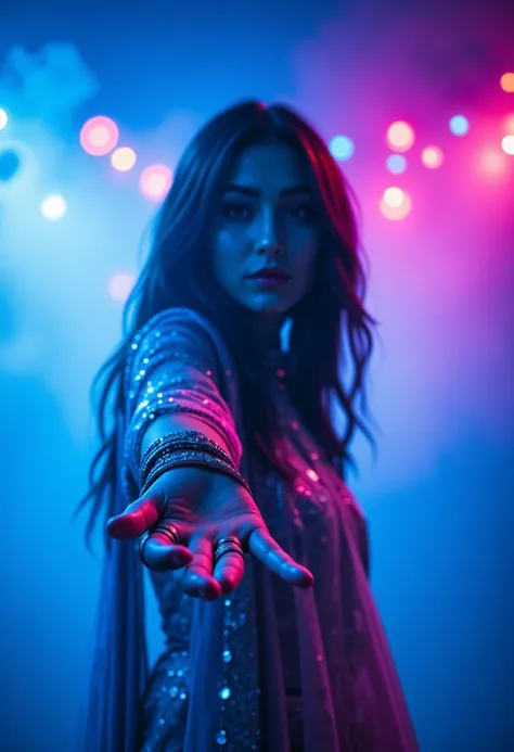 mysterious and captivating woman in an artistic and dramatic setting. She is framed in a dynamic composition with her outstretched hand in sharp focus, creating a sense of motion and engagement with the viewer. Her face is slightly blurred but still discer...