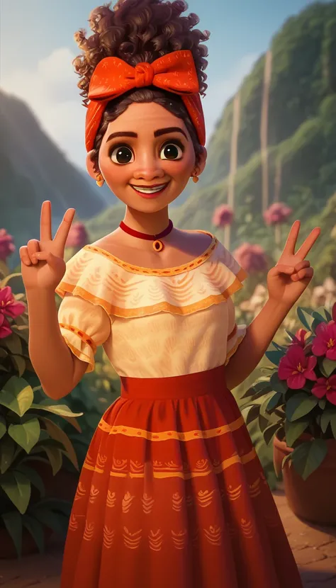 1 , Dolores Madrigal , just the face, smile,  peace sign with one hand , flowers in the background, Alone,  looking at the viewer 