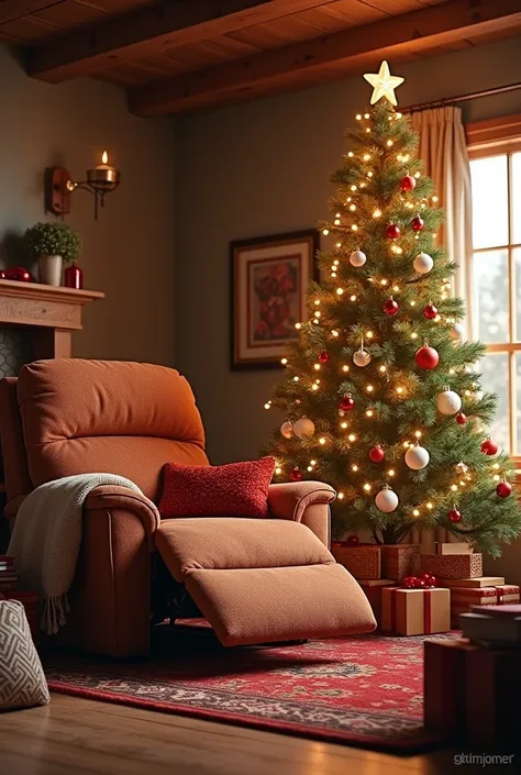 A Christmas living room with a tree and huge cozy Recliner 