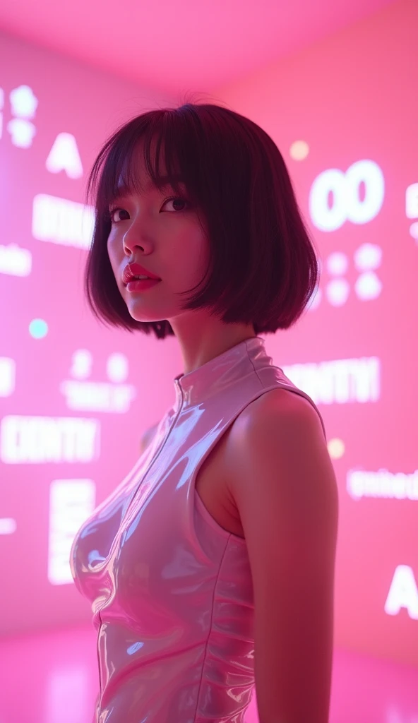 A futuristic scene showcasing how AI seamlessly integrates into daily life. An attractive woman short bob hair with a calm, focused expression stands in a modern, minimalistic pink neon room. Holographic letters and symbols glow softly floating in the air,...