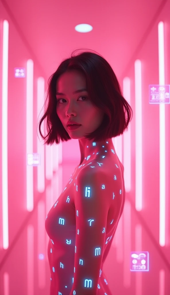 A futuristic scene showcasing how AI seamlessly integrates into daily life. An attractive woman short bob hair with a calm, focused expression stands in a modern, minimalistic pink neon room. Holographic letters and symbols glow softly floating in the air,...