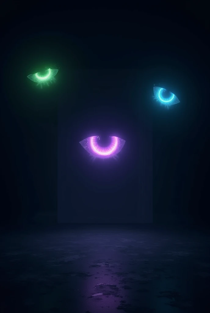 Pure darkness ,  a purple and flashing eye in the middle of the room, On the right there is a green and flashing eye and on the left there is a blue and flashing eye. everything in 2d 