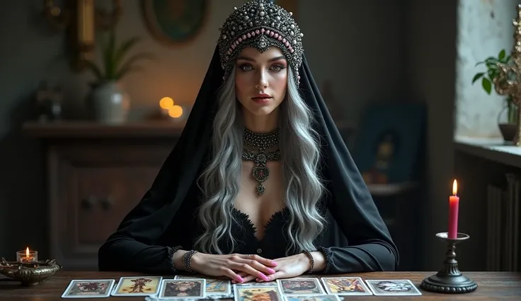 A woman with elaborate jewelry and makeup, dressed in black, sits at a table with tarot cards. She has long, wavy, silvery-gray hair, and is wearing a black head covering adorned with silver and pink details. A decorative