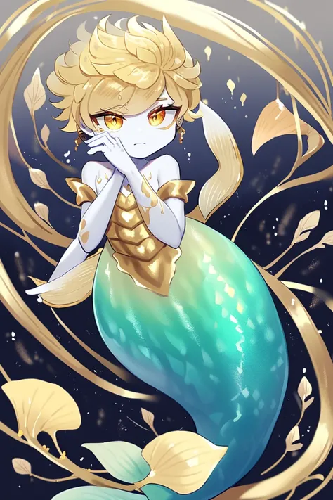 1 little merman boy, cute, short blonde hair. big gold eyes. white skin. full-body art, merman tail instead of legs