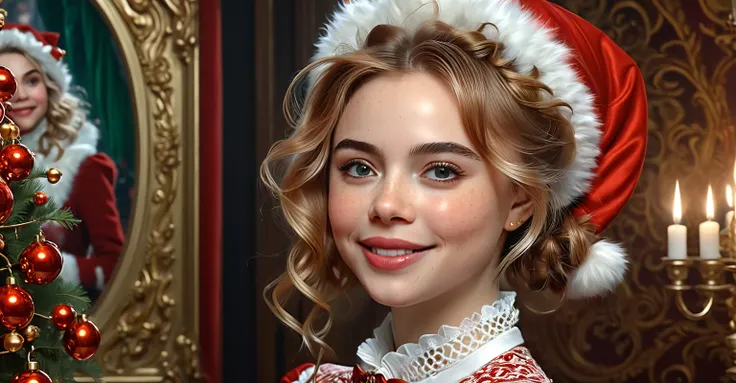 young woman. Mrs Claus. merg of Sabrina Carpenter, Scarlett Johanson, Chloe Bennett. Official Art, Award Winning Digital Painting, Digital Illustration, Extreme Detail, 4k, Ultra Hd, Rococo, Polished, Intricate, Realistic Fantasy Art, Sharp Focus, Concept ...