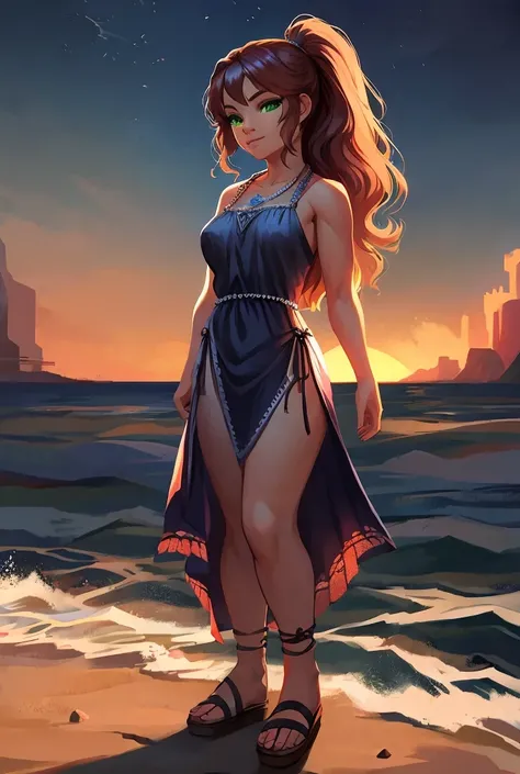  Character description
- Paul : Female
-Age: 25 years old
- Appearance :  She has long wavy aqua hair ,  bright green eyes ,  light skin with a light tan .
- Cloth:  She is wearing a lightweight sheer boho dress,  decorated with seashells and pearls .
 - F...