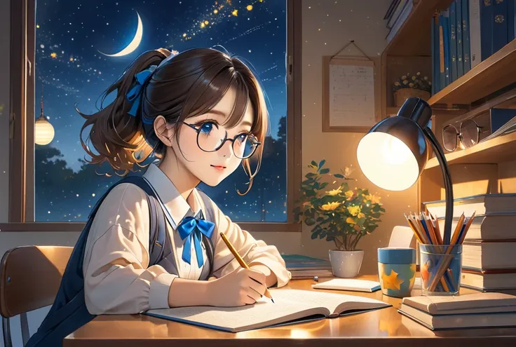 , , glasses,  brown blue ribbon bifurcated hair ,  warm lights,  Starry sky with moon and stars ,  studying with a pencil on a desk,  Exemplary Student , glasses낀 리본 곰인형, High definition