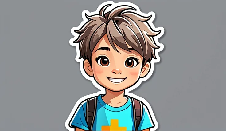 "Create an animated  character, in a sticker-style design, with a colorful and vibrant cartoon look, modern and captivating. The character is a boy around , with short, messy hair, wearing a colorful t-shirt featuring biblical symbols (such as a cross or a...