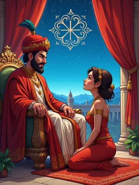 Draw a vivid scene depicting a king in traditional Middle Eastern dress, sitting on an ornate throne, wearing a turban decorated with feathers. An elegantly dressed woman in Middle Eastern dress, wearing a small fez with a tulle at the end, kneels before h...