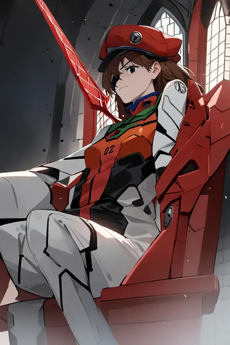 1 girl, asuka langley soryu,  Neon Genesis Evangelion ,  Rebuild of Evangelion ,  Longinus Lance , cat hat , pilots uniform, Red mesh, sitting,  crossed legs,  black eye patch , throne,  looking down ,  seen from bottom to top,  look at the spectator, exte...