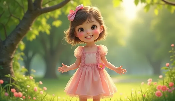 A cute , wearing frock, in park, facing camera, smiling