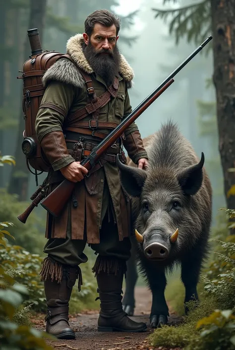 Generate me a hunter with a wild boar next to it 