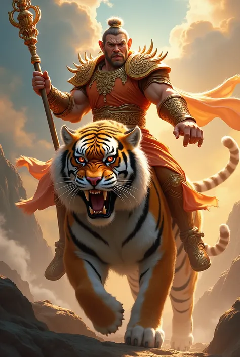 “Sun Wukong riding a tiger, wearing armor, holding a staff, ready to fight.”