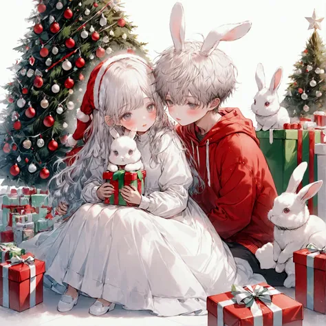 a boy bunny and a girl bunny sitting on the floor surrounded by many gifts, christmas tree. The girl have a long white hair, wear a white dress. The bunny boy have a short white hair, wear a red hoodie, cute, ,Colored, light blush , lips filler, pastel pal...