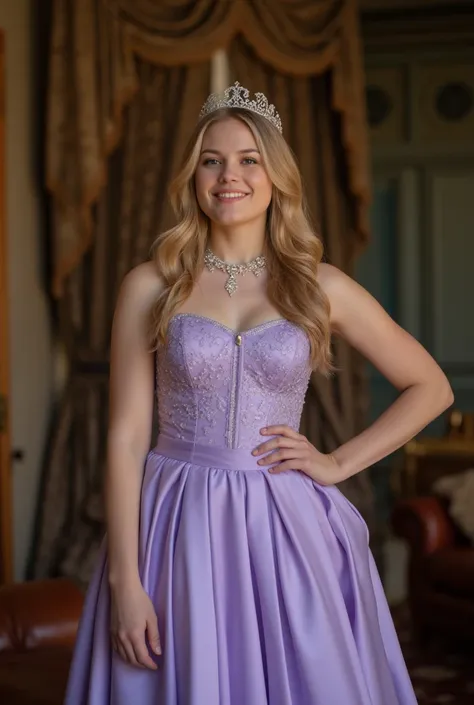 ultra Realistic full body of a beautiful young blonde German Princess with long hair, Necklace, silver crown, smile , She stands in the thronroom, She wears a long light purple satin A-linie Dress with juwelery, Living room, beautiful female hourglass figu...