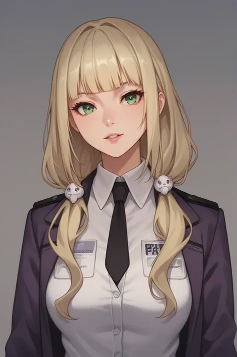 emilia edelman, blonde hair, very long hair, wavy hair, low twintails, sidelocks, blunt bangs, topknot, hair ornaments, green eyes, suit, military uniform, white shirt, collared shirt, purple jacket, Name tag, black necktie, purple skirt, pencil skirt, whi...