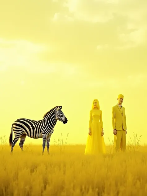 a surreal, lemon-paint-colored landscape, a zebra stands gracefully on a field of soft yellow hues, its black-and-white stripes strikingly contrasted against the vibrant backdrop. Opposite the zebra is a glowing figure painted in lemon-yellow tones, their ...