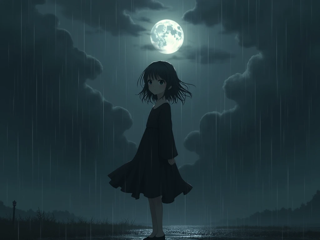 a broken anime character in rain looking at the moon in black dress 