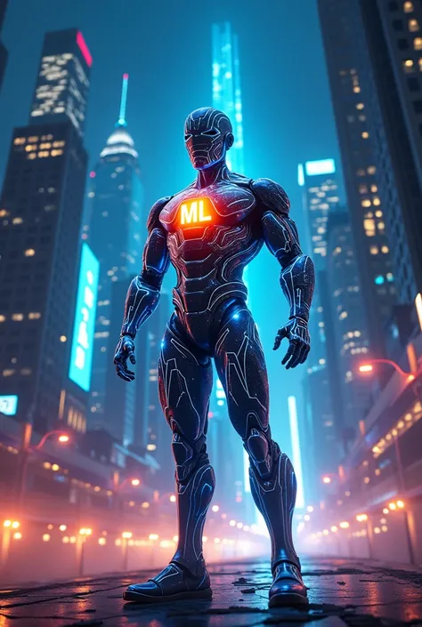 Create a dynamic video intro in a comic-book style theme. The scene features a superhero-themed AI character standing tall in a futuristic cityscape filled with glowing skyscrapers, holographic screens, and data streams. The superhero wears a glowing futur...