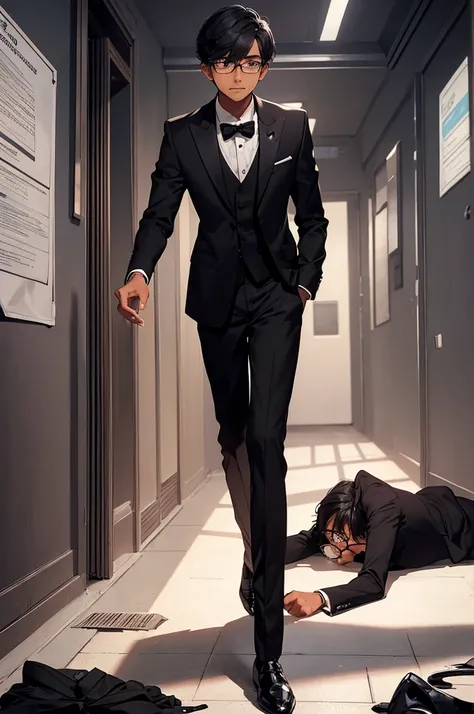 Indian teen male, flat nose, weak chin, small ears, combover hairstyle, black dark skin, black tuxedo jacket, black dress pants, black bowtie, black dress shoes, big nerd glasses, geek, skinny figure, weak, on the ground, knocked out on the floor, beaten, ...