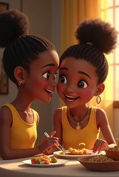 Generate an image of two young beautiful African girls sharing food in an occasion, they are smiling at each other, with low hair cuts 