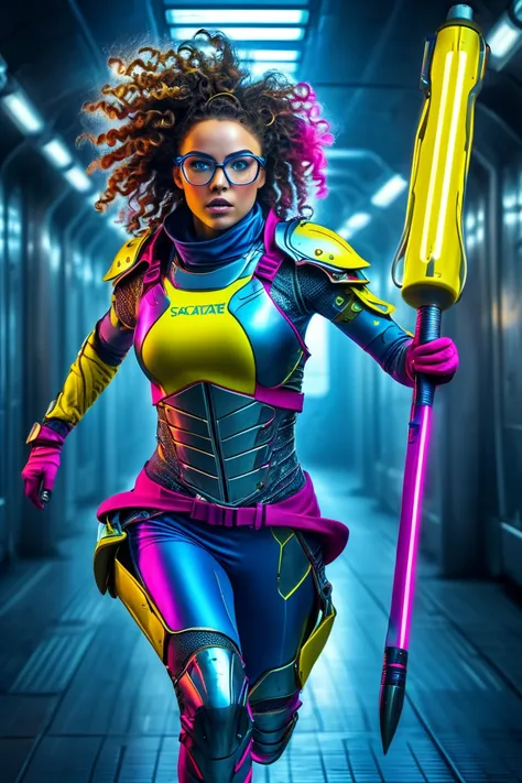 an incredible terrifying warrior, (High, HDR:1.2), medieval armor detailed with yellow neon and cybernetic arm, ((scientific fiction, Futuristic)) Lady with curly hair, a blue and fuchsia tracksuit, and glasses, running with a rolling pin in her hand and b...