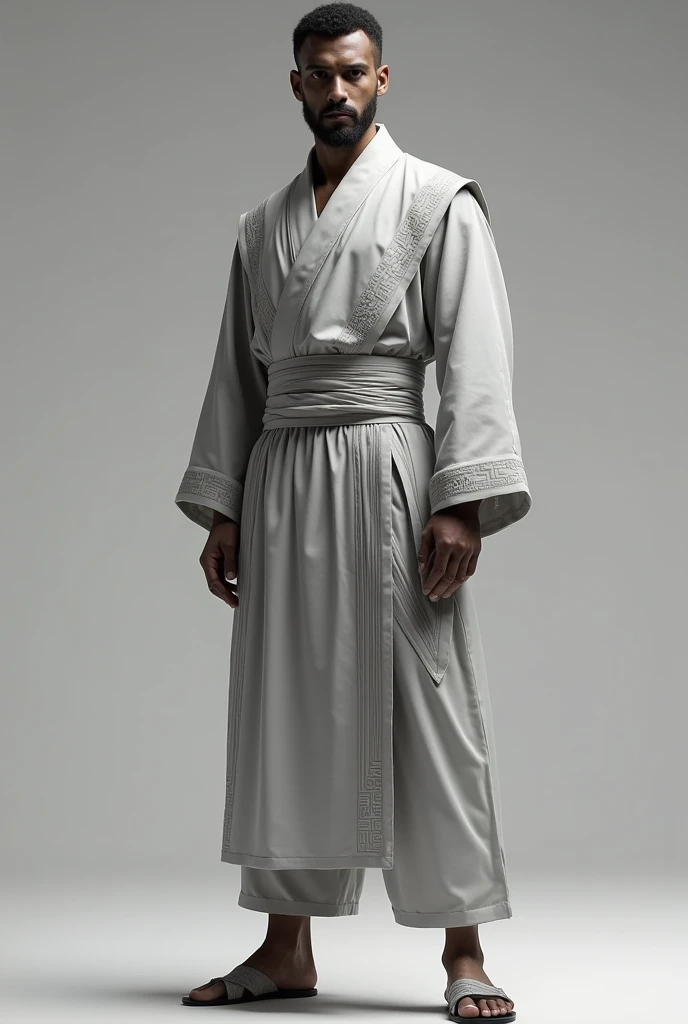 Create an image of a Greek but modern uniform for a martial art called Kairos with gray and white designs.