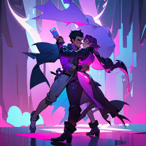 a club house with pink purple blue neon lights at night. pose of a hot wolf furry male handsome, wearing a dark leather coat and grinning holding a drink in his hand. dancing alone