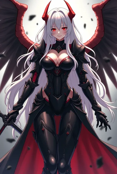 Anime girl sexy body white silver hair very red eyes with black armor and robotic wings behind her they come out in a well-kept shattered one and her armor shattered and in her hand a powerful and destructive divine sword and behind her dead bodies and on ...