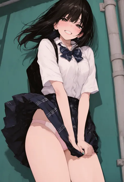 best quality, masterpiece, 748cmstyle, 1girl, nail polish, looking at viewer,  earrings, black hair, panties, school uniform, standing, grin, wind lift, skirt tug, open mouth 