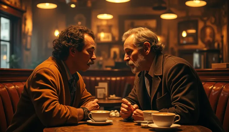 a cafe table with two friends discussing politics, detailed facial features, hyper realistic, dramatic lighting, warm color tones, intricate textures, photorealistic, cinematic, masterpiece, 8k