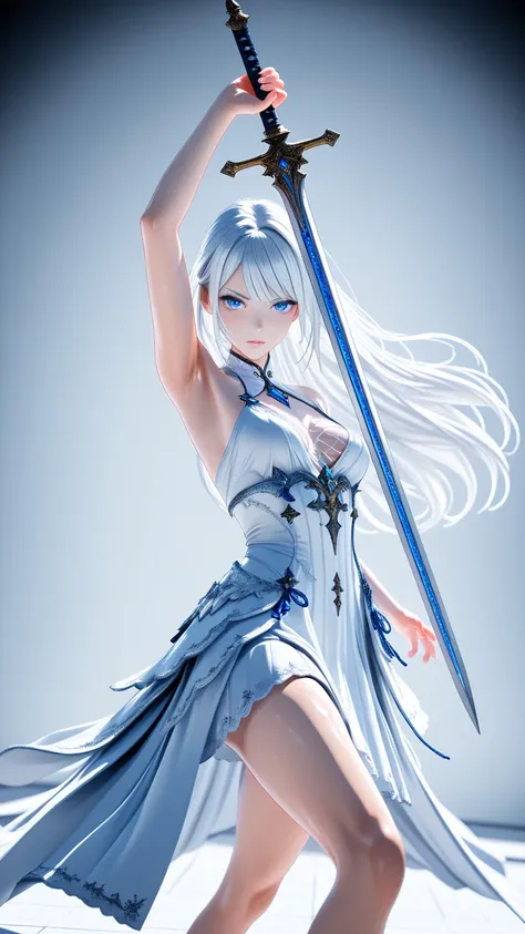 1 woman, blue eye, white hair, long hair , beautiful skin, white dress , holding sword, 3D render, action pose 