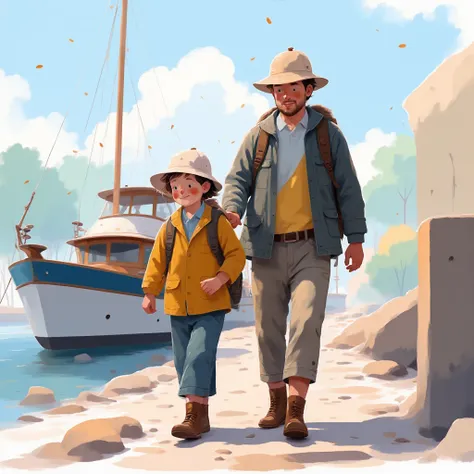 plano general,  toddler and dad walk on their backs, They walk on a port ,  heading to a fishing boat ,  dressed in fishing clothes ,  in the background a modern sailboat , alta definición, Sunny day, calm sea,