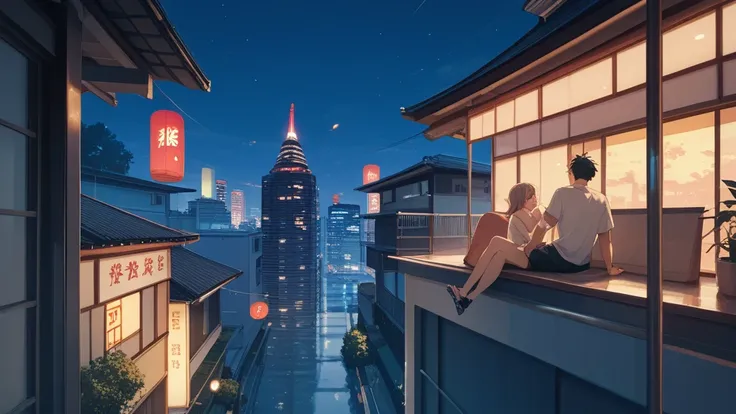 A 8k pic, couple sitting in top of building at Tokyo at night with view of Tokyo