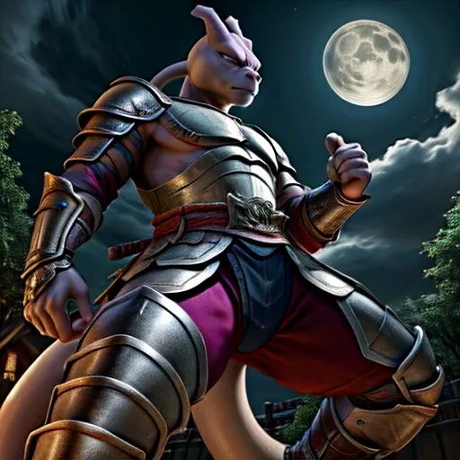 upload on e621, by allandox, anthro, male, ((detailed realistic painting)), extreme detail, ((mewtwo, pokemon)), ((stoic expression:1.3)), full moon background, full body perspective, ((confident pose:1.2, side perspective:1.2)), ((samurai armor, red and s...